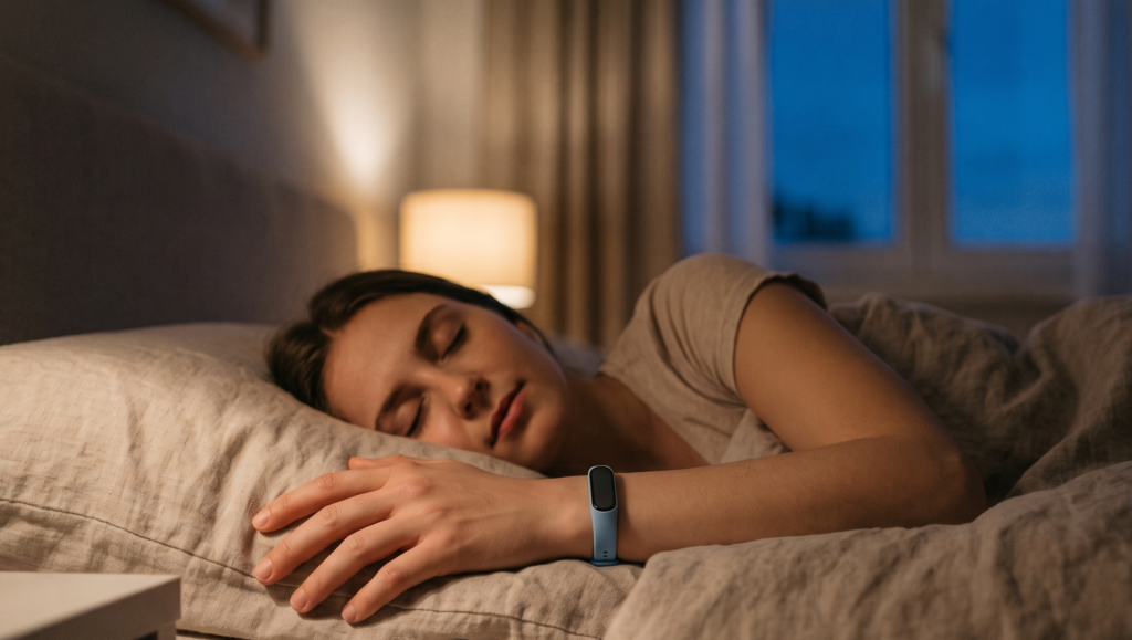 眠っている女性の腕にはスマートウォッチ