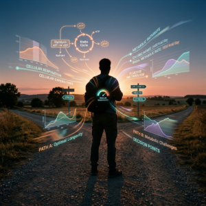 Person standing at crossroads with floating metabolic health data and graphs