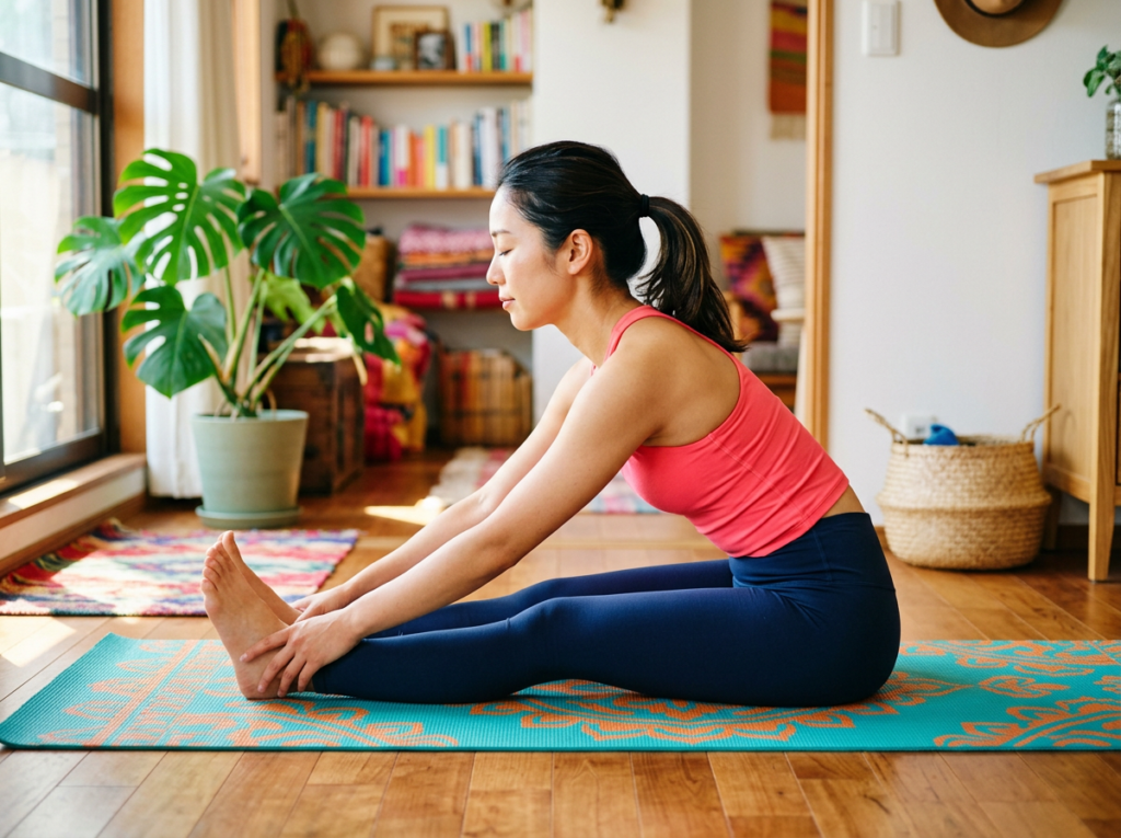 Woman sitting on yoga mat stretching forward to touch her feet indoors