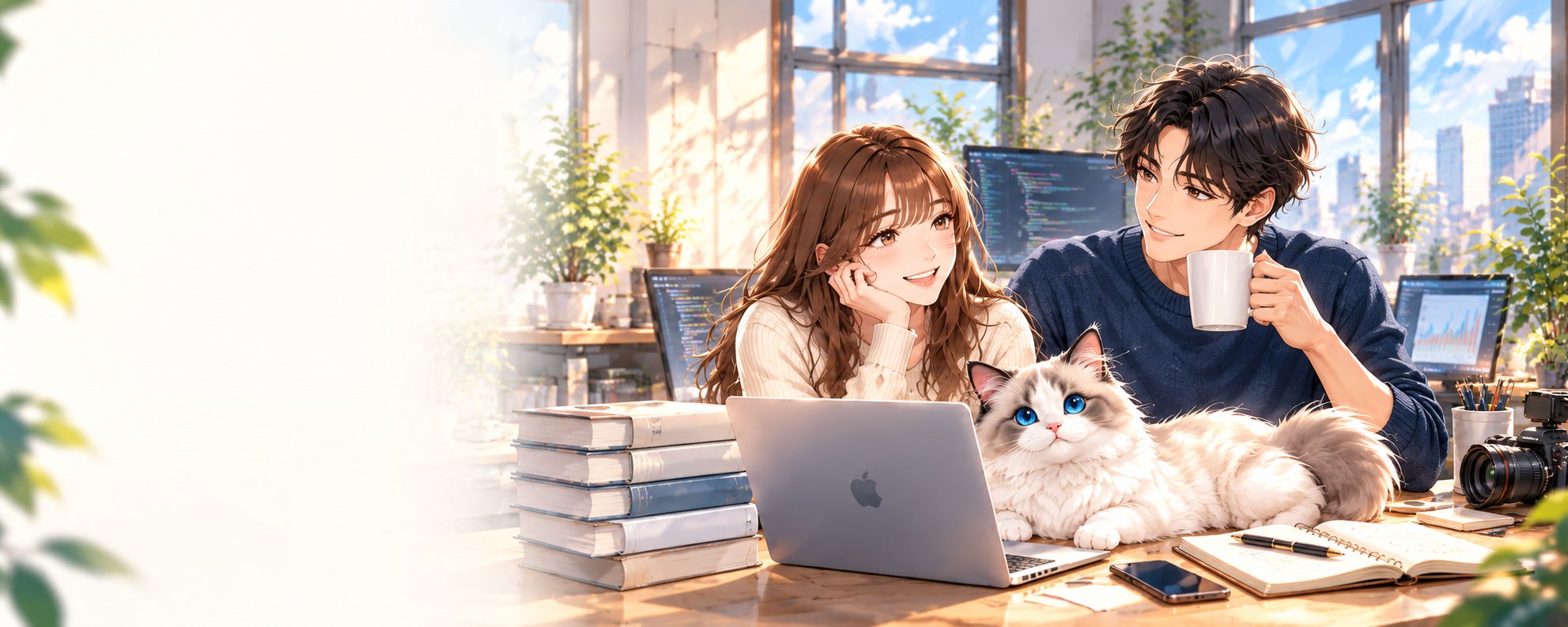 Amagami-labのキャラクター、ソラとタツミとラグドールの猫